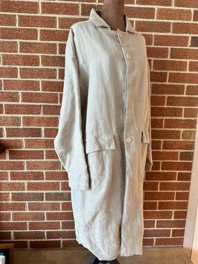 CP Shades Light Beige Women's Jacket Long Button Pockets 100% Linen, Size S